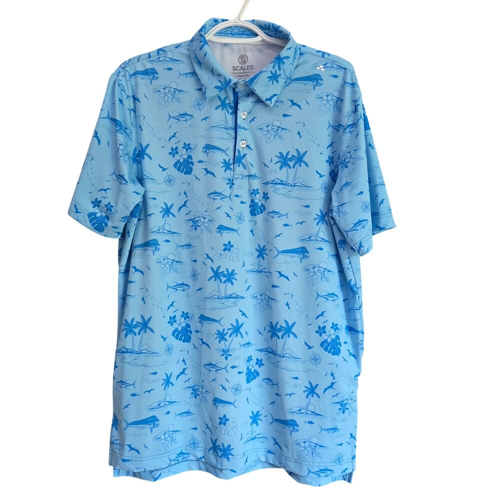 Scales Golf Polo Shirt Size M, Nautical Ocean Tropical Print Blue
